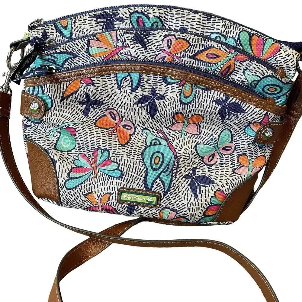 Lily Bloom Purse Crossbody Bag Night Flight Butterfly Zipper Multiple Pockets